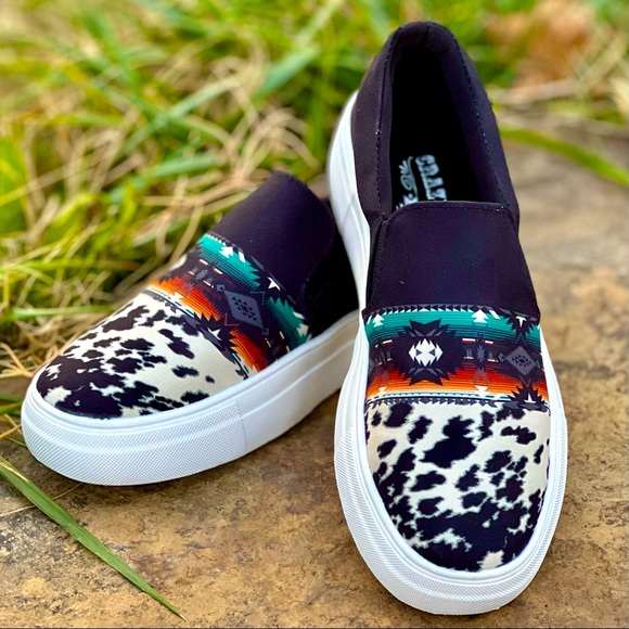 Crazy Train Shoes - Aztec Cow Slipons